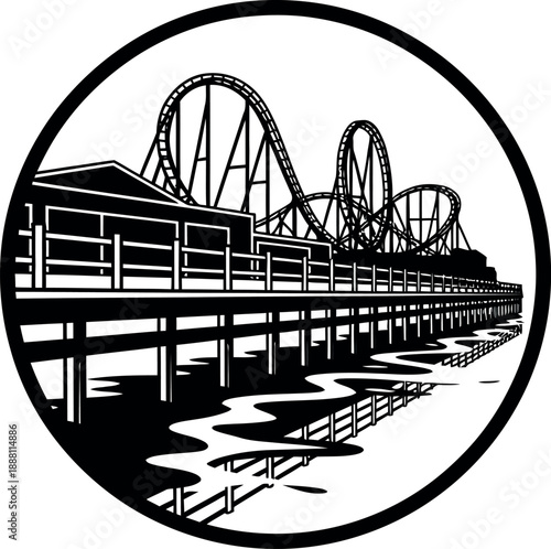 Black and white illustration of amusement park on a pier