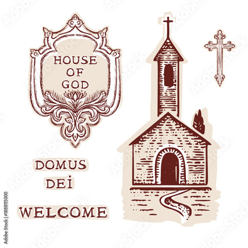 House of god church sticker motif collection for christian illustration set. Hand drawn vector elements church announcement card, welcome sign. Black and white modern aesthetic worshipfor retreat, 