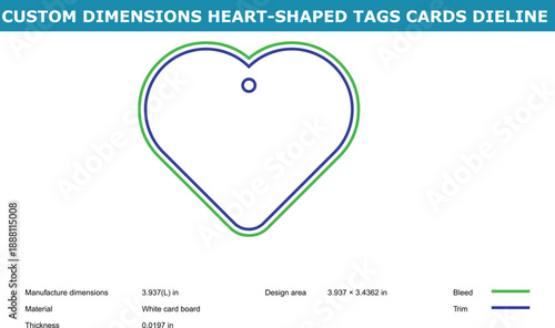 A graphic design template for custom heart-shaped tags and cards with precise dimensions