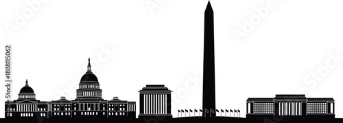 Washington DC city skyline silhouette vector illustration featuring United States Capitol dome, Washington Monument and famous government buildings isolated on white background for design.