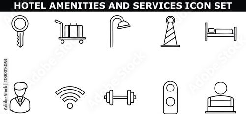 A set of hotel amenities and services icons on a white background
