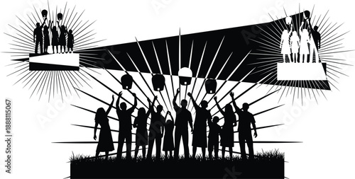 Silhouetted families and friends releasing glowing paper lanterns into the night sky during a traditional celebration of hope, peace, and cultural festival community event