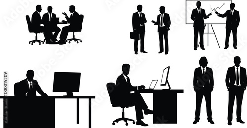 Business people silhouette set showing office workers, corporate meeting, presentation, teamwork discussion, standing managers and desk work, black vector illustration for leadership and success.