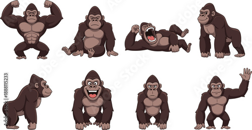 Collection of cartoon gorilla characters featuring various poses including sitting standing flexing muscles yawning and waving isolated on white background for mascot design.