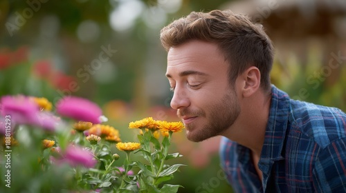 Caucasian young adult male enjoying nature and scent of vibrant flowers in garden