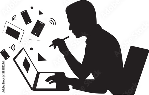 Person on Laptop with Floating Devices Around stylus