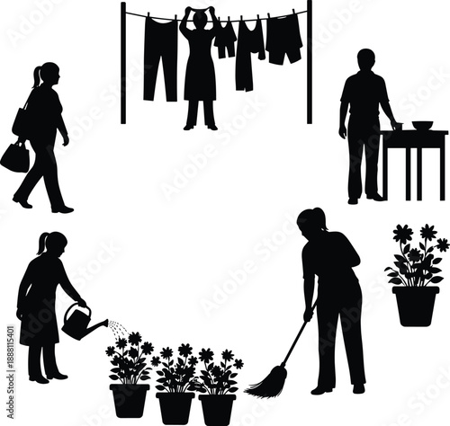 Daily household activity silhouettes set showing woman shopping, hanging laundry, cooking at table, watering plants and sweeping floor, black vector illustration for home lifestyle.