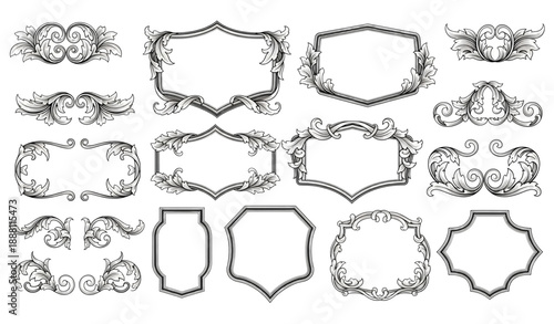 Victorian monogram and heraldic shield filigree ornament vector isolated on transparent background