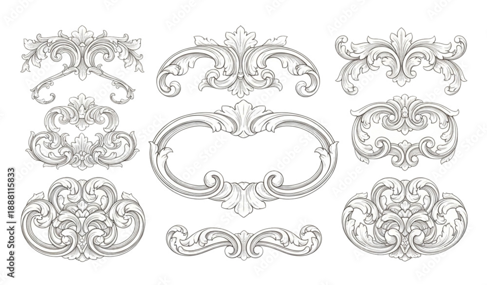 Fototapeta premium Engraved baroque border and floral scroll filigree design element vector isolated on transparent background