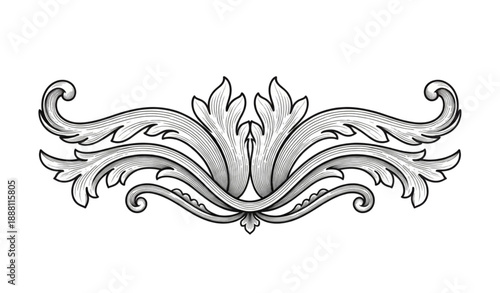 Retro baroque floral swirl filigree engraving ornament vector isolated on transparent background