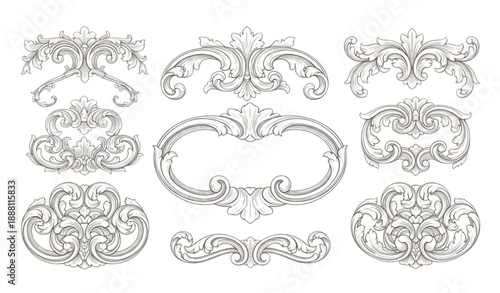 Engraved baroque border and floral scroll filigree design element vector isolated on transparent background