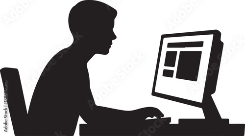 Silhouette of person using a laptop with a website on screen