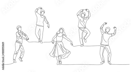 continuous line drawing of diverse dancing people celebrating unity and connection useful for modern art concepts website graphics and creative marketing.