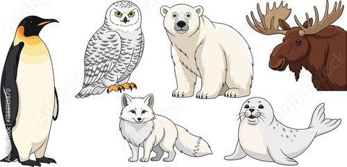 Arctic wildlife cartoon set featuring penguin, snowy owl, polar bear, moose, arctic fox and seal, cute winter animals vector illustration for kids.