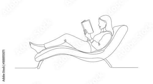 continuous line art woman reading a book while relaxing on a chaise lounge symbolizing leisure self-care and peaceful personal time