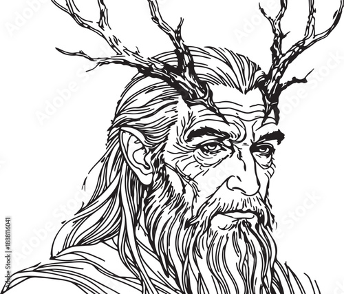 Fantasy Portrait of a Wise Mythical Druid with Branch Antlers Line Art Illustration