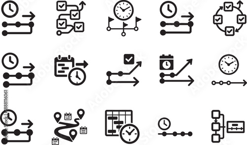   Timeline icon set showing time management and action plan symbols. Clean vector illustration for planning designs.