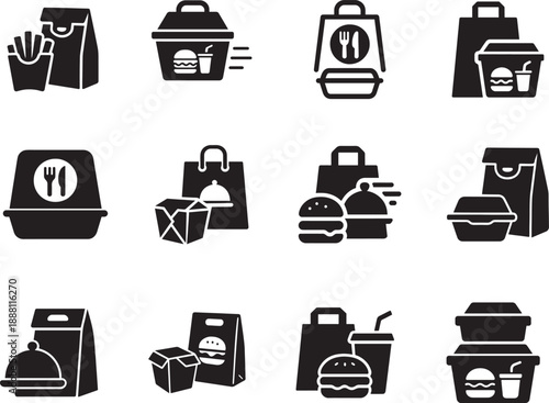 Packaging food icon set with fast food box and bag symbols. Clean vector illustration for delivery designs.