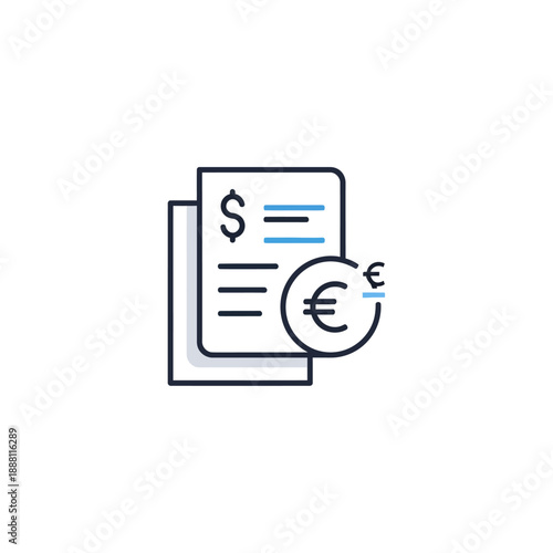 Financial documents with dollar and euro currency symbols.