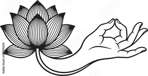 Minimalist Black and White Line Art of Hand Mudra and Lotus Flower for Yoga
