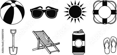 Summer beach icons set in black and white, ball, sunglasses, sun, lifebuoy, shovel, deck chair, soda can, flip flops silhouette.