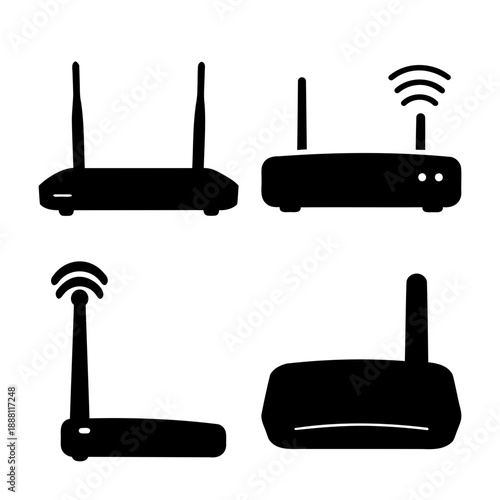 A collection of black silhouette icons depicting various wireless routers for internet connectivity
