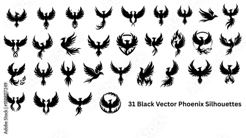 A collection of 31 intricate black phoenix silhouettes, symbolizing rebirth, resilience, and transformation, ready for your creative projects.