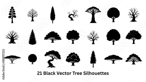 A collection of 21 black vector tree silhouettes showcase diverse arboreal forms, each meticulously designed to embody the unique elegance of different tree types.