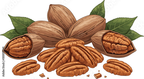 Realistic Pecan Nuts Illustration Featuring Whole Shells and Cracked Kernels