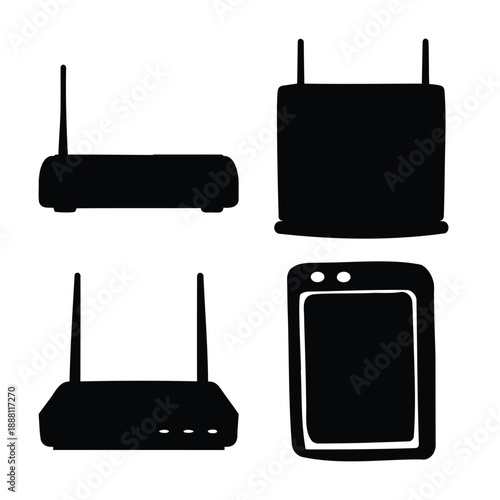 Collection of essential electronic devices including network routers, a modem, and a mobile tablet