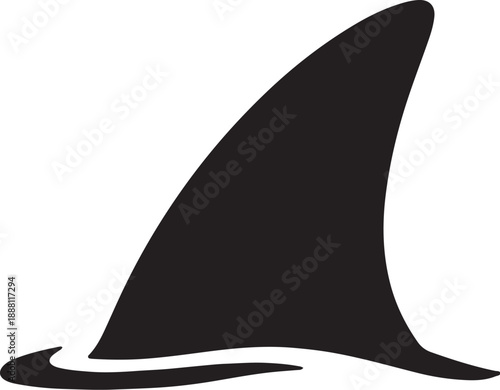 A large black shark fin emerging from the water with a wave-like base also transparent background