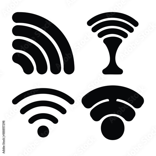 A collection of four black and white icons symbolizing wireless signal and network connectivity