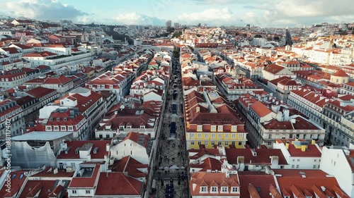 Aerial view of Rua Augusta a pedestrian street in Lisbon with traditional Portuguese pavement.