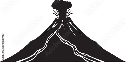 Black and white silhouette of an erupting volcano with lava flows and ash cloud also transparent background
