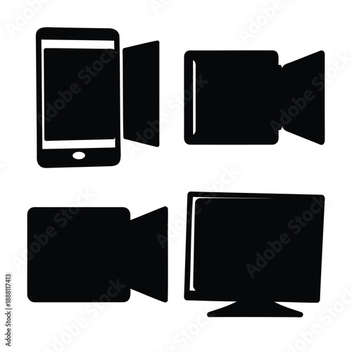 Digital devices and media tools icon set representing modern communication and entertainment