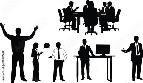 Business people silhouettes in office meeting and communication scenes, teamwork discussion, corporate presentation, leadership gestures, negotiation concept, isolated black figures on white backgroun