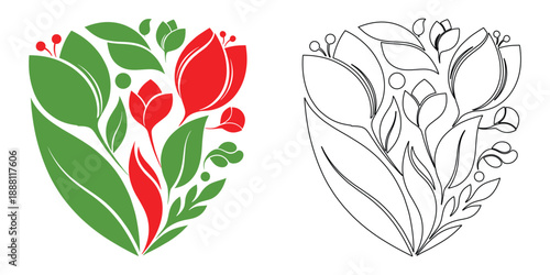 Heart shaped floral illustration, creative vector design with flowers and leaves, outline and filled versions