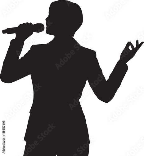 Silhouette of a person singing with a microphone and making a peace sign also transparent background
