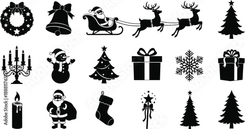 Black Christmas holiday icon set featuring Santa sleigh with reindeer, wreath, bell, snowman, candles, gifts, snowflake, stockings, and pine trees silhouette vector.