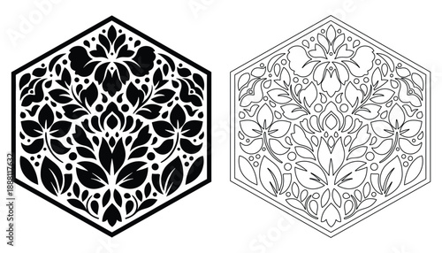 Hexagonal floral pattern vector design with intricate foliage and blooming flowers illustration