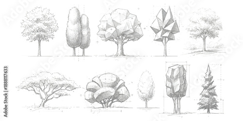 Collection of hand drawn tree sketches in pencil style vector