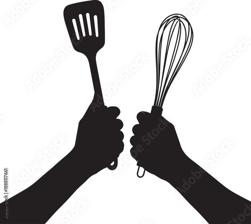 Two Hands Holding a Spatula and a Whisk in a Silhouette Style also transparent background kitchen tools