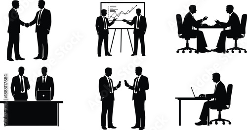 Business people silhouette icon set showing handshake, meeting, presentation, negotiation, office teamwork, discussion, and businessman working on laptop at desk in black vector.
