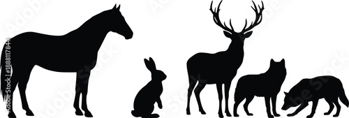 Wild animal silhouette set with horse, rabbit, deer, wolf and wild boar, black woodland wildlife figures collection isolated on white background.