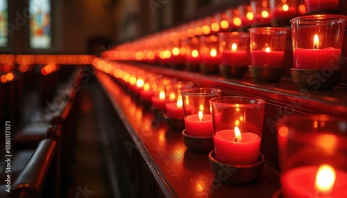 Rows of red votive candles in glass holders glow warmly inside a church. Flames flicker creating an ambiance of peace and hope. These lights offer solemn remembrance during prayerful moments.