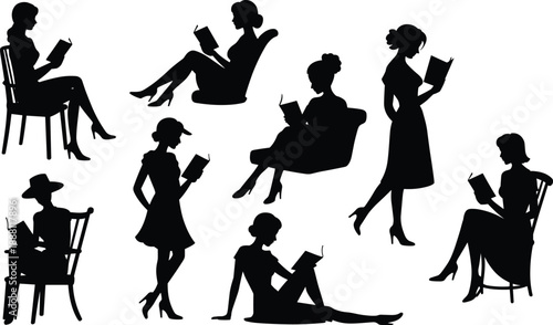 Women reading book silhouettes set with elegant ladies sitting, standing and relaxing in different poses, black female reader figures collection isolated on white.