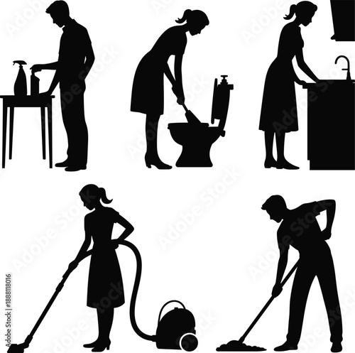 Cleaning service silhouette set showing people disinfecting, scrubbing toilet, washing hands, vacuuming floor and mopping, black housekeeping workers isolated on white background.