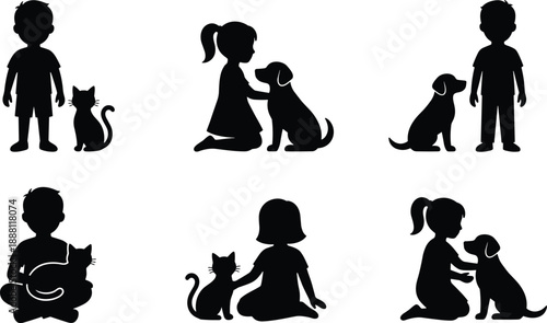Cute kids with pets silhouette set showing boys and girls with cat and dog, sitting, hugging and caring scenes, black child animal figures isolated.