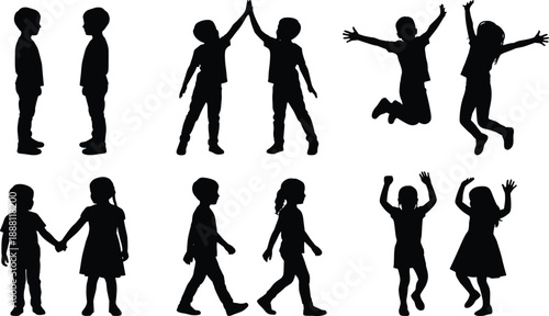 Kids silhouettes set showing boys and girls standing, walking, holding hands, high five, and jumping with joy, black children figures isolated on white.