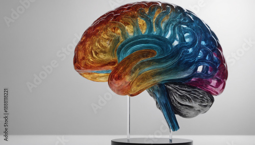 Transparent crystal human brain sculpture representing artificial intelligence mind, psychology and mental clarity on white background